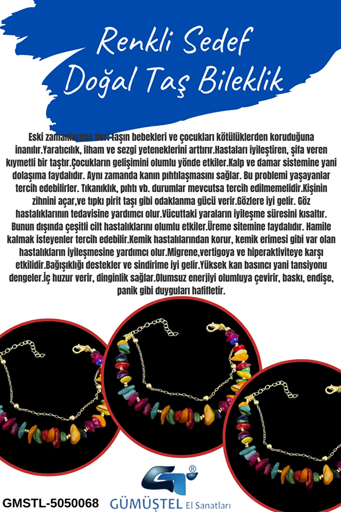Sertifikalı Renkli Sedef Doğal Taş Bileklik Özel Tasarım