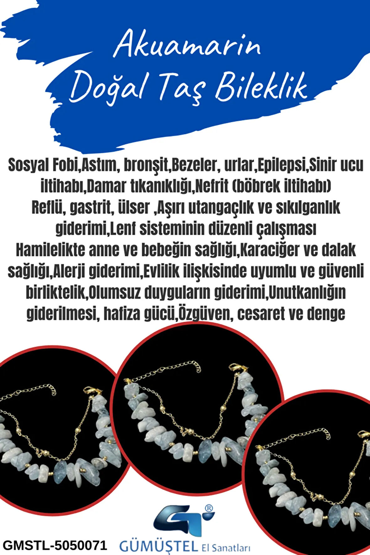 Sertifikalı Akuamarin Doğal Taş Bileklik Özel Tasarım
