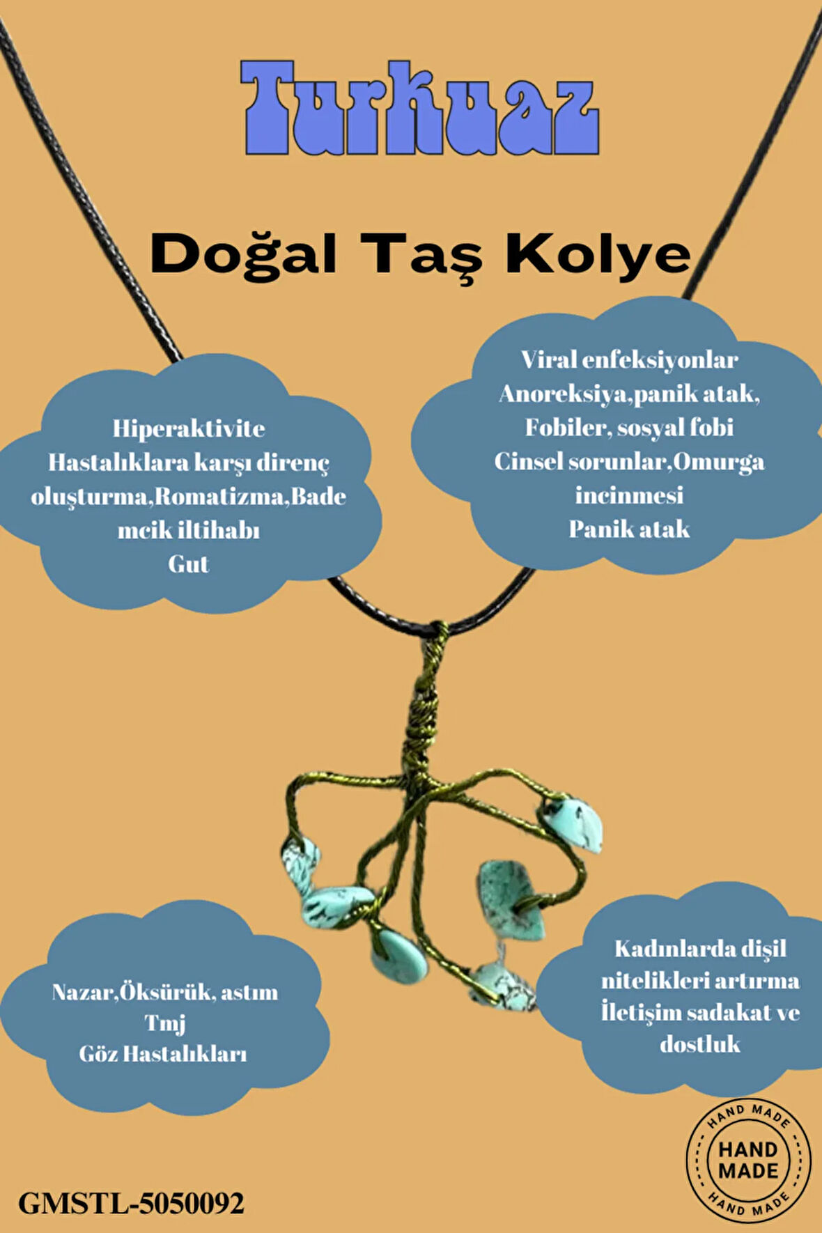 Sertifikalı Orijinal Doğal Taş Turkuaz Taşı El Yapımı Bakır Tel Sarma Kolye