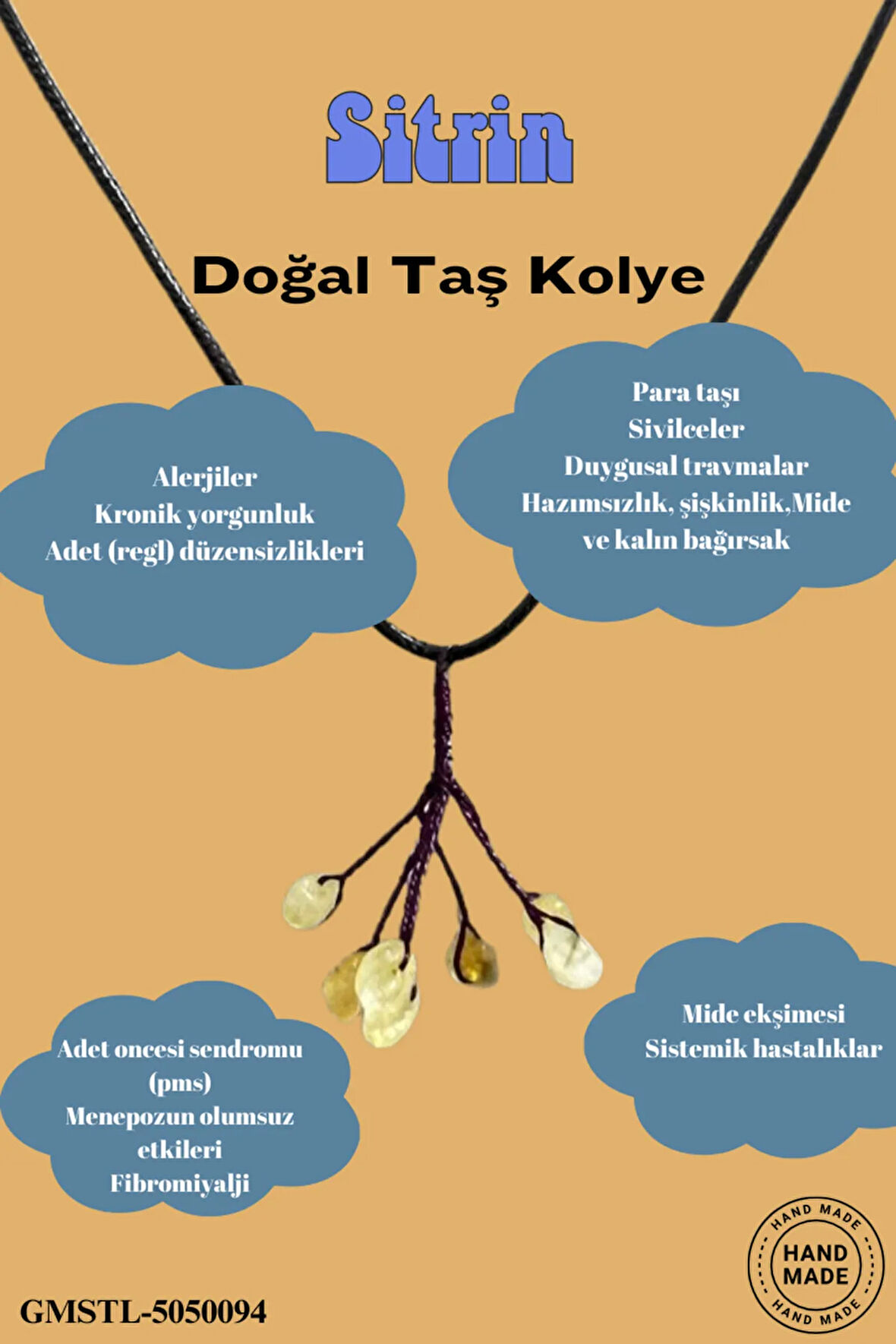 Sertifikalı Orijinal Doğal Taş Sitrin Taşı El Yapımı Bakır Tel Sarma Kolye