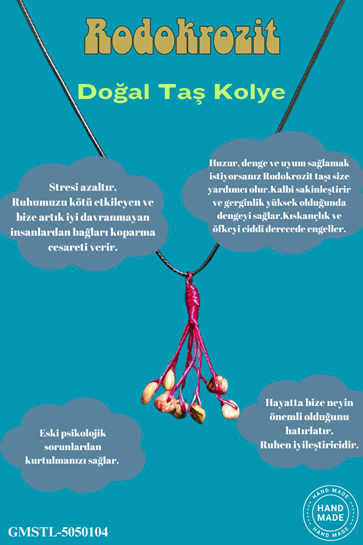 Sertifikalı Orijinal Doğal Taş Taşı El Yapımı Bakır Tel Sarma Kolye