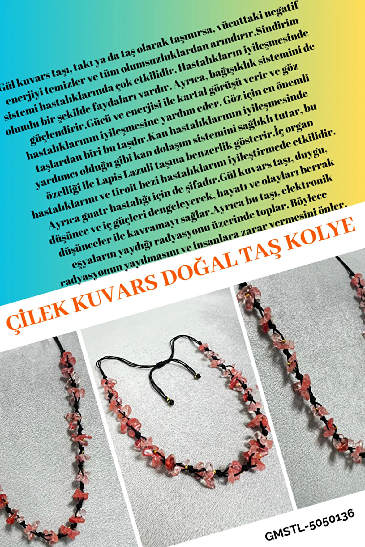 Sertifikalı Çilek Kuvars Doğal Taş Tasarım Kolye