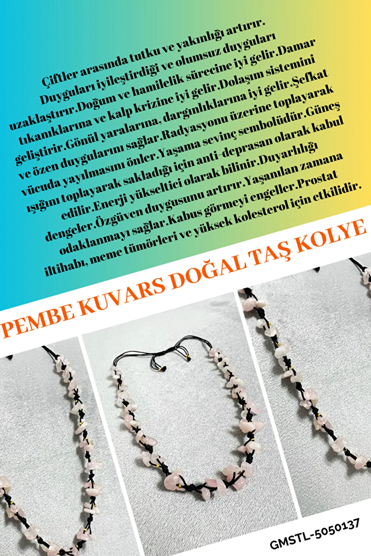 Sertifikalı Pembe Kuvars Doğal Taş Tasarım Kolye
