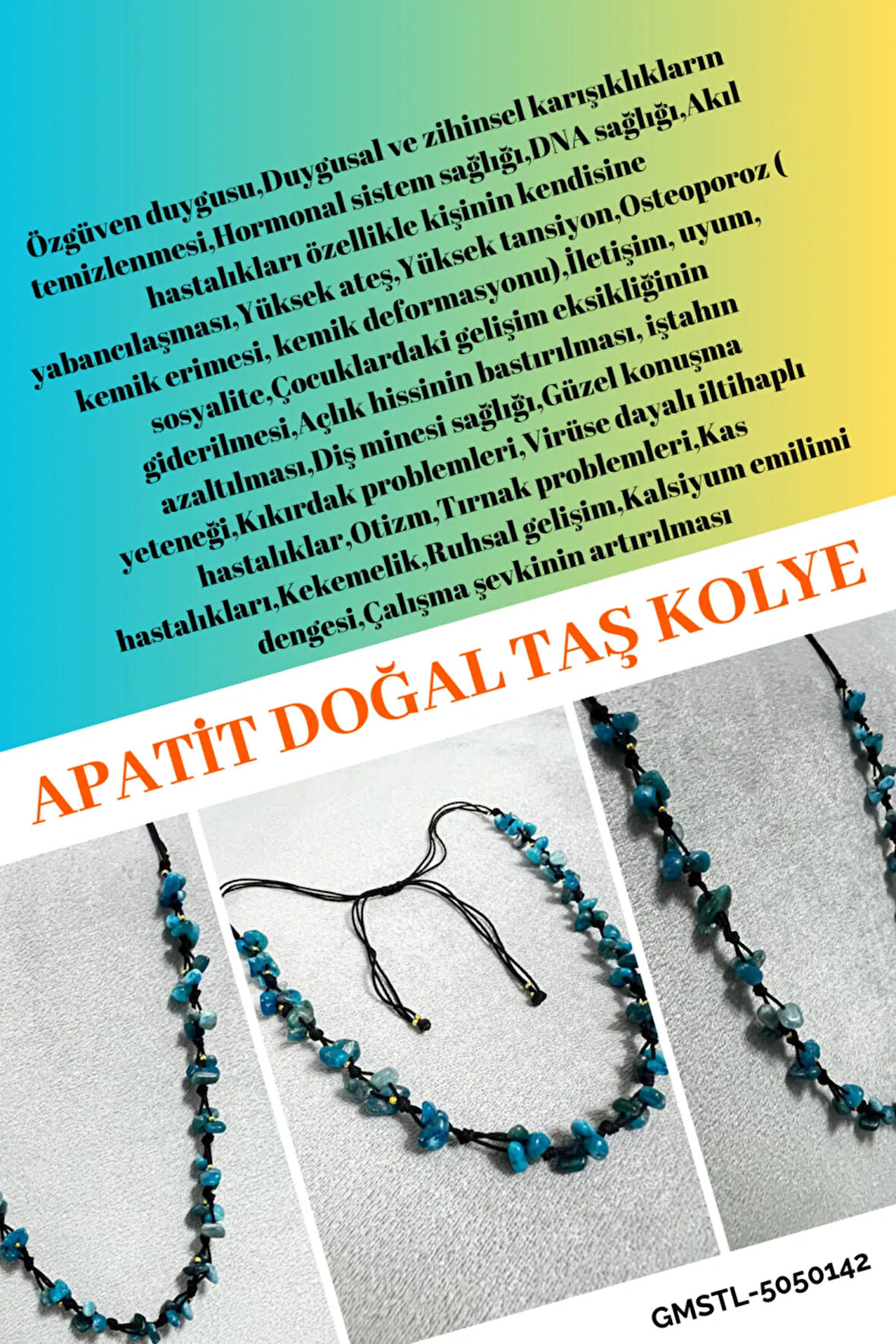 Sertifikalı Apatit Doğal Taş Tasarım Kolye