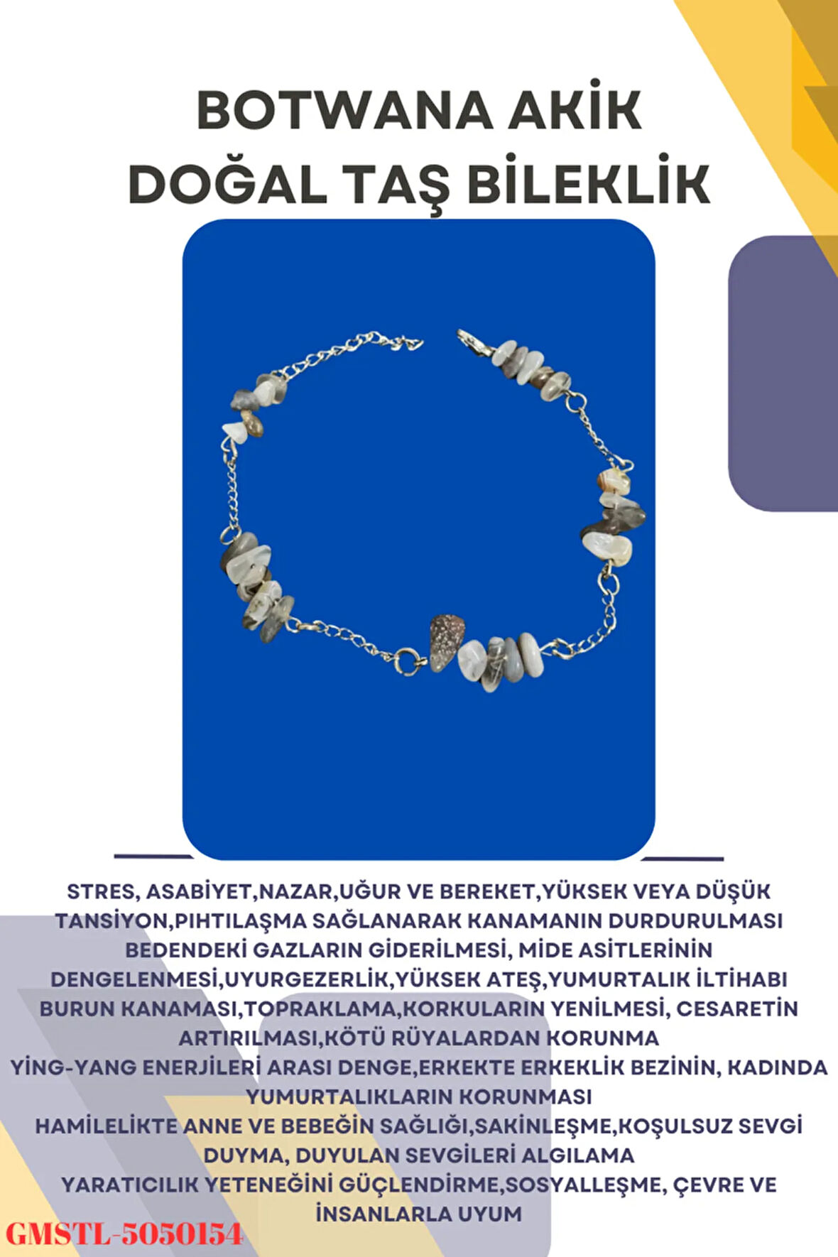 Sertifikalı Bostwana Doğal Taş El Yapımı Tasarım Bileklik