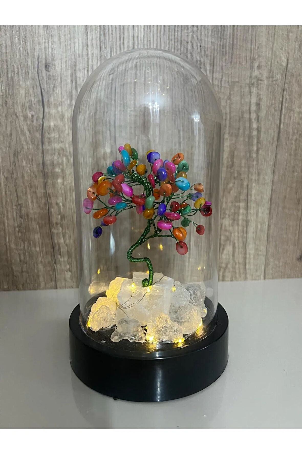 Sertifikalı Doğal Taş Sedef Tasarımlı Bakır Tel Sarma Işıklı Fanus Aksesuar 21x12 cm Büyük Boy