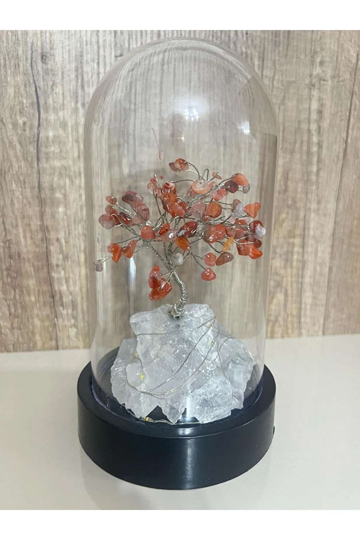 Sertifikalı Doğal Taş Akik Tasarımlı Bakır Tel Sarma Işıklı Fanus Aksesuar 21x12 cm Büyük Boy