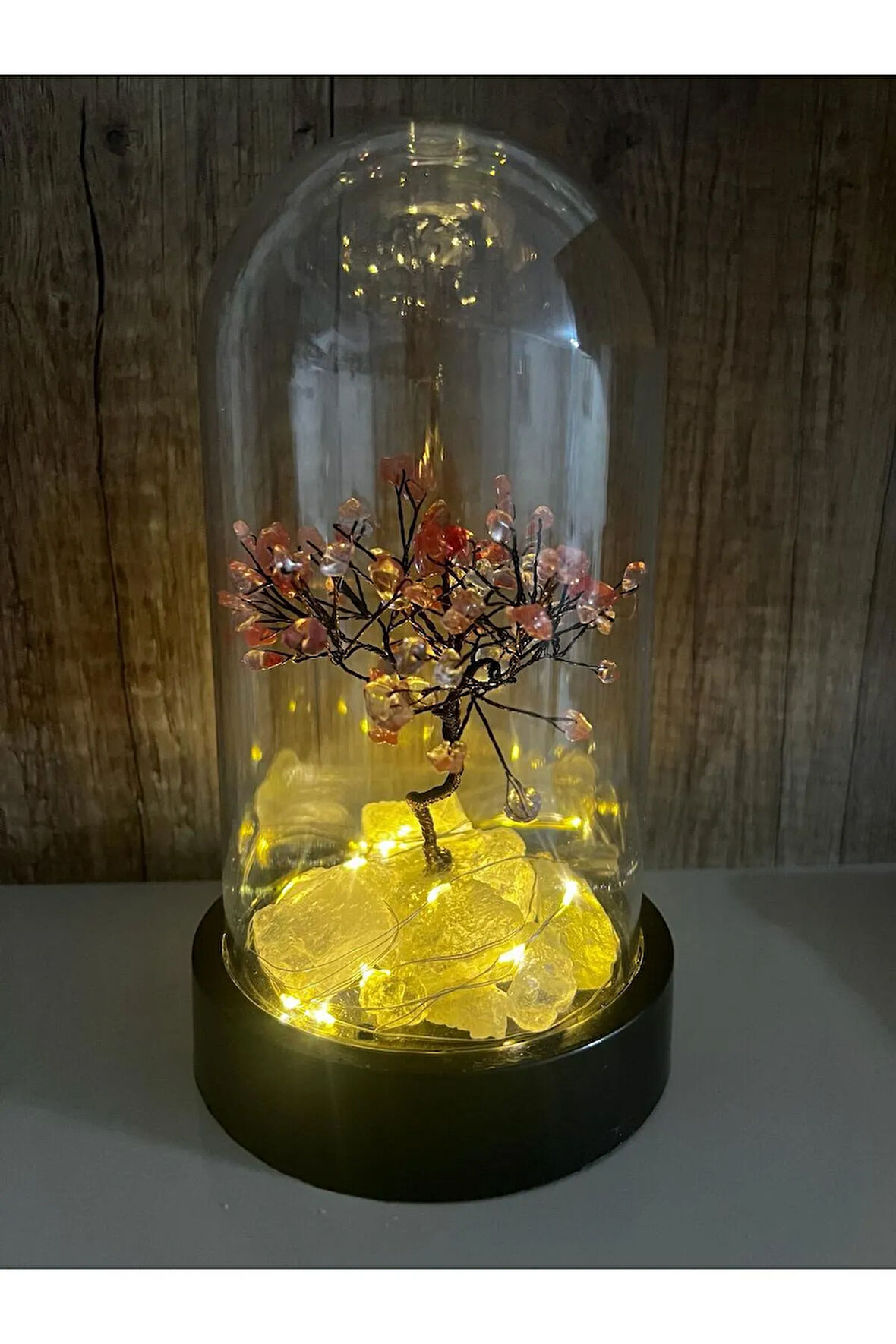 Sertifikalı Doğal Taş Çilek Kuvars Tasarımlı Bakır Tel Sarma Işıklı Fanus 21x12 cm Büyük Boy