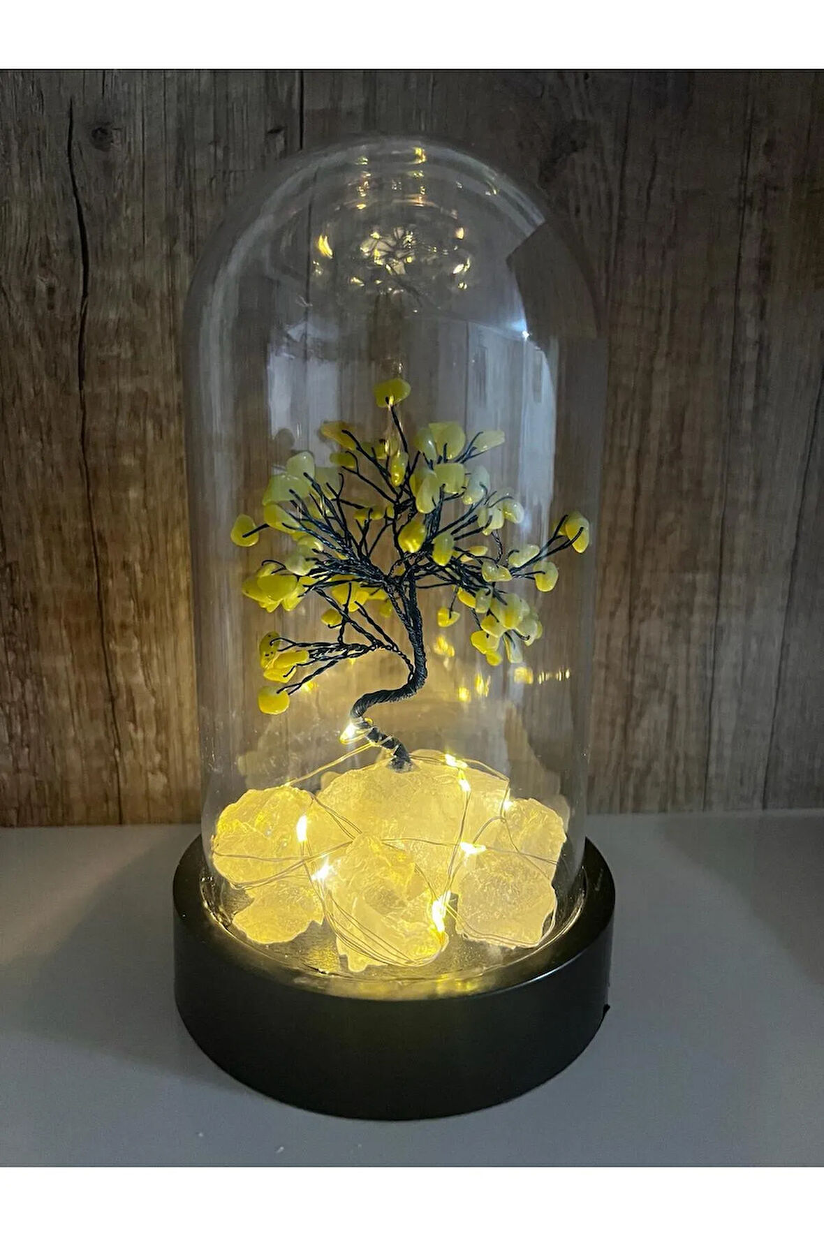Sertifikalı Doğal Taş Peridot Tasarımlı Bakır Tel Sarma Işıklı Fanus Aksesuar 21x12 cm Büyük Boy