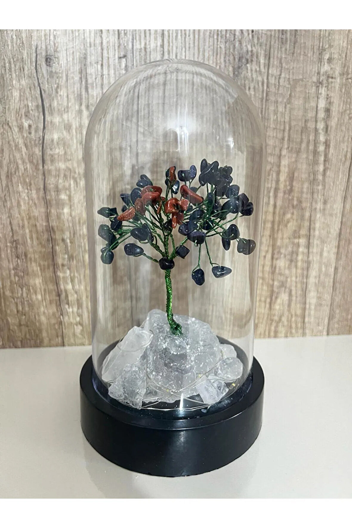 Sertifikalı Doğal Taş YıldızTasarımlı Bakır Tel Sarma Işıklı Fanus Aksesuar 21x12 cm Büyük Boy