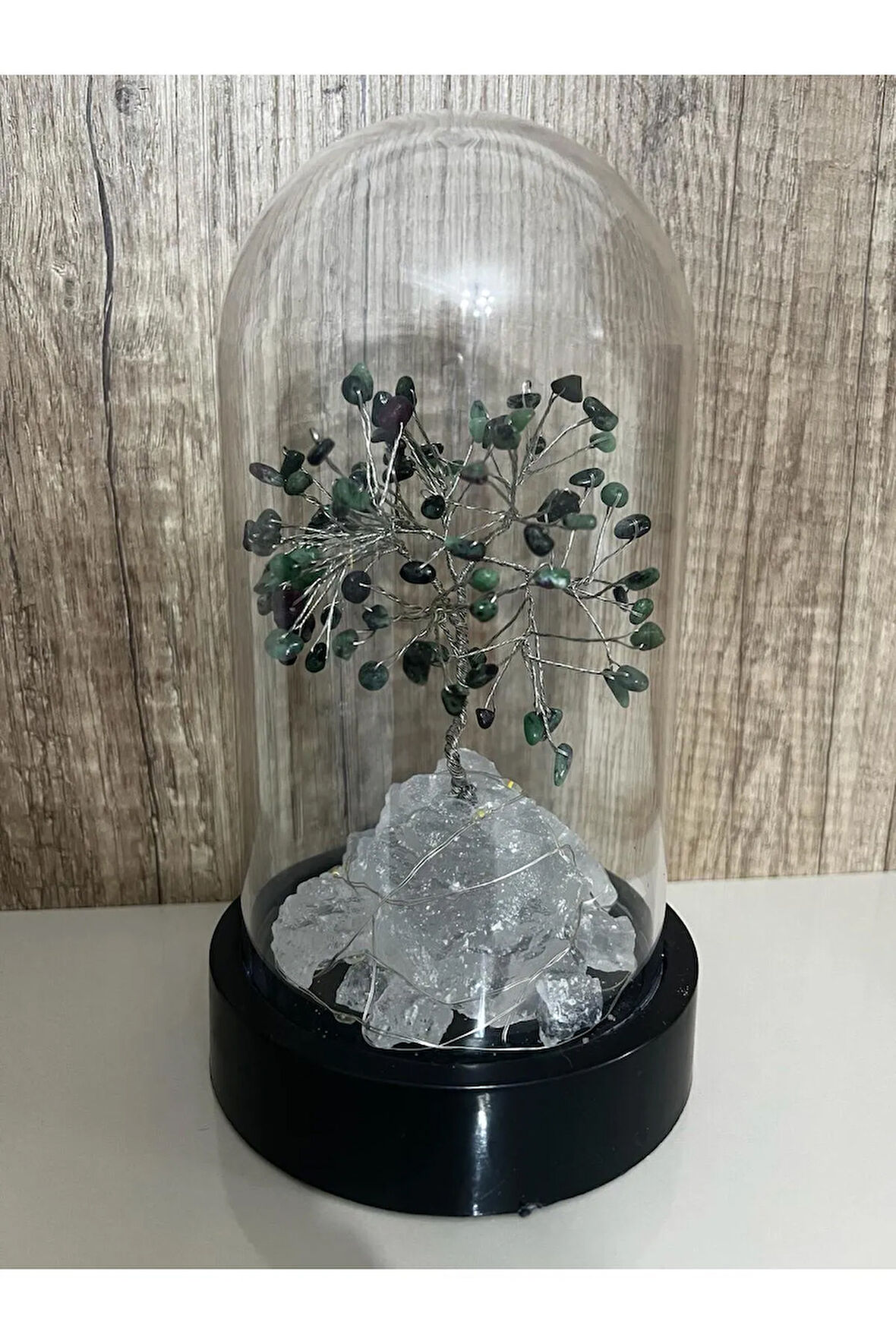 Sertifikalı Doğal Taş Zümrüt Tasarımlı Bakır Tel Sarma Işıklı Fanus Aksesuar 21x12 cm Büyük Boy