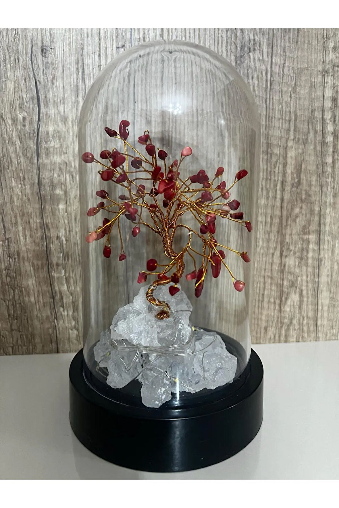 Sertifikalı Doğal Taş Mercan Tasarımlı Bakır Tel Sarma Işıklı Fanus Aksesuar 21x12 cm Büyük Boy