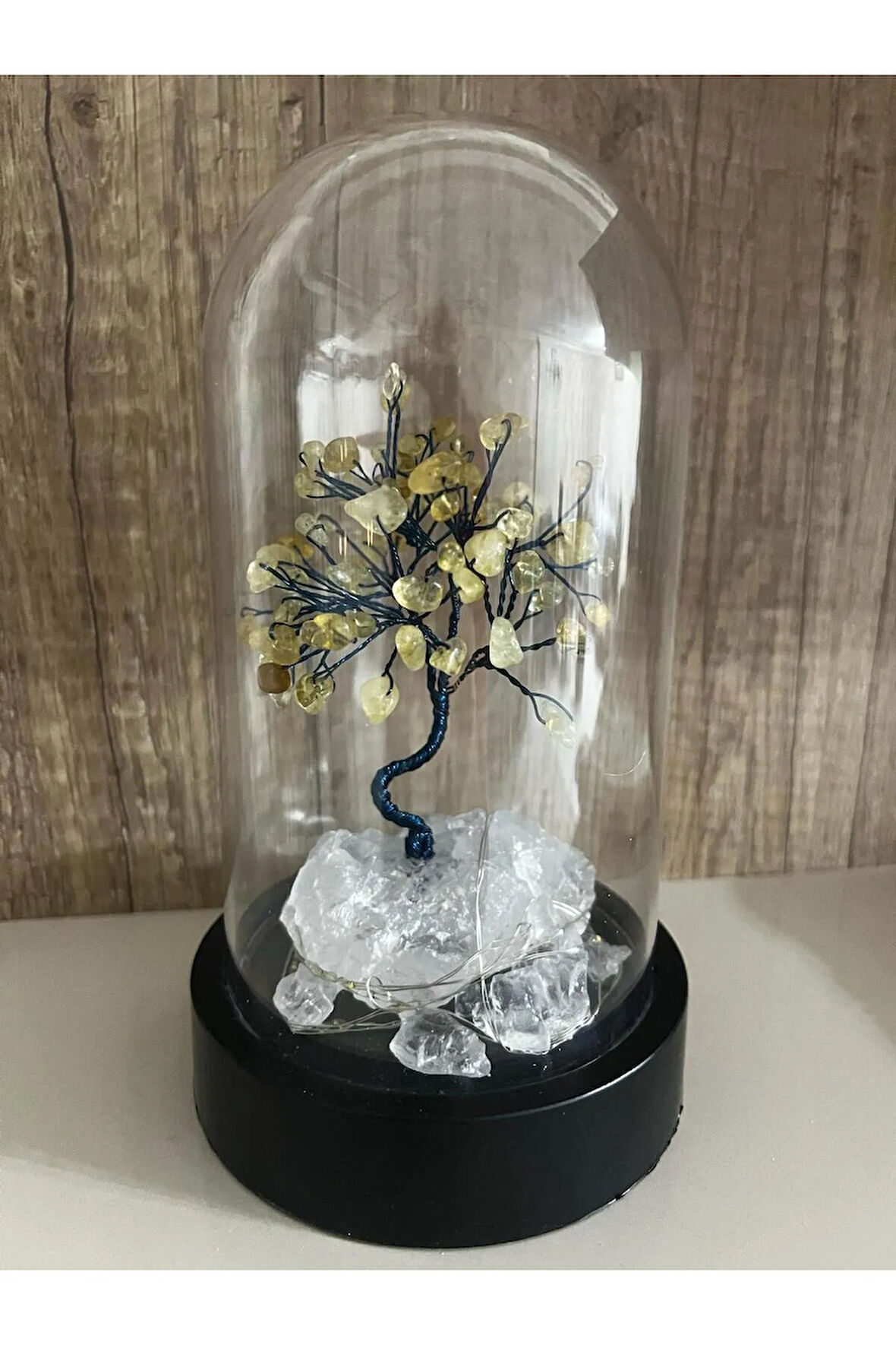 Sertifikalı Doğal Taş Sitrin Tasarımlı Bakır Tel Sarma Işıklı Fanus Aksesuar 21x12 cm Büyük Boy