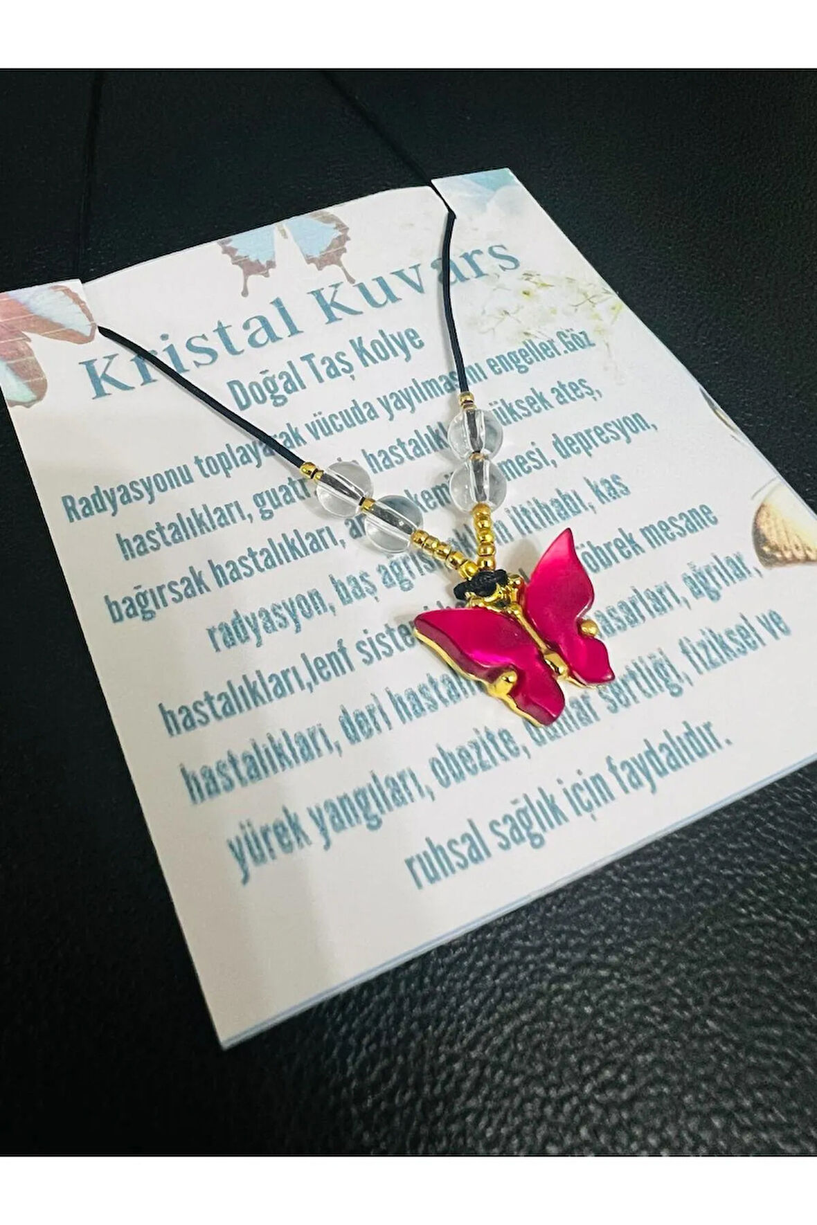 Kristal Kuvars & Sedef Doğal Taş Kolye Kelebek Detaylı Asansörlü Kilit Sistemi