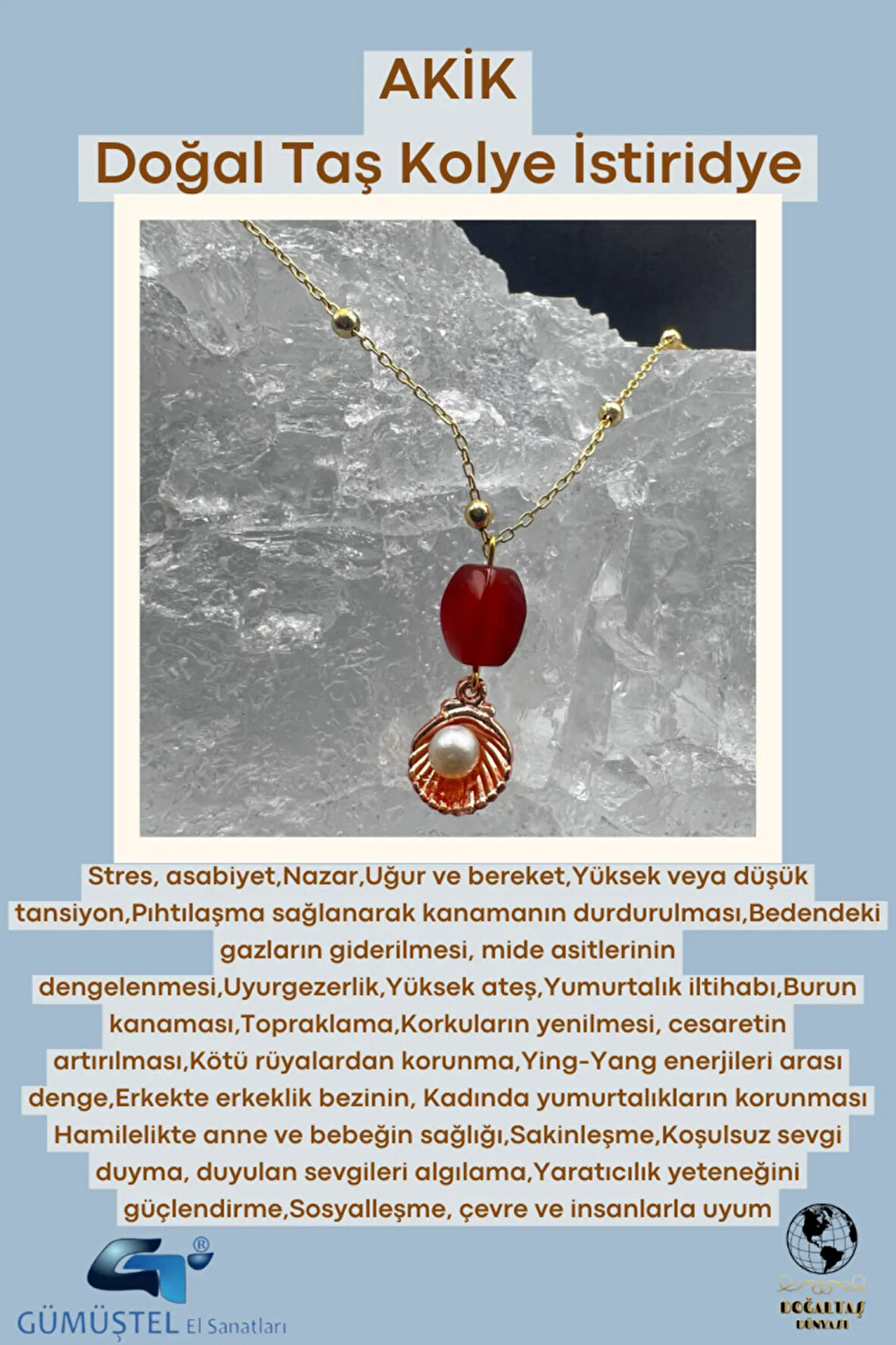 Sertifikalı Akik Doğal Taş Tasarım Kolye El Yapımı İstiridye Obje Detaylı