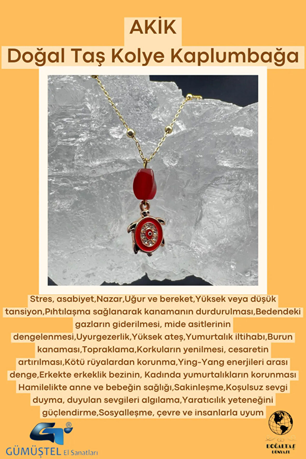 Sertifikalı Akik Doğal Taş Tasarım Kolye El Yapımı Kırmızı Kaplumbağa Obje Detay AAA Kalite