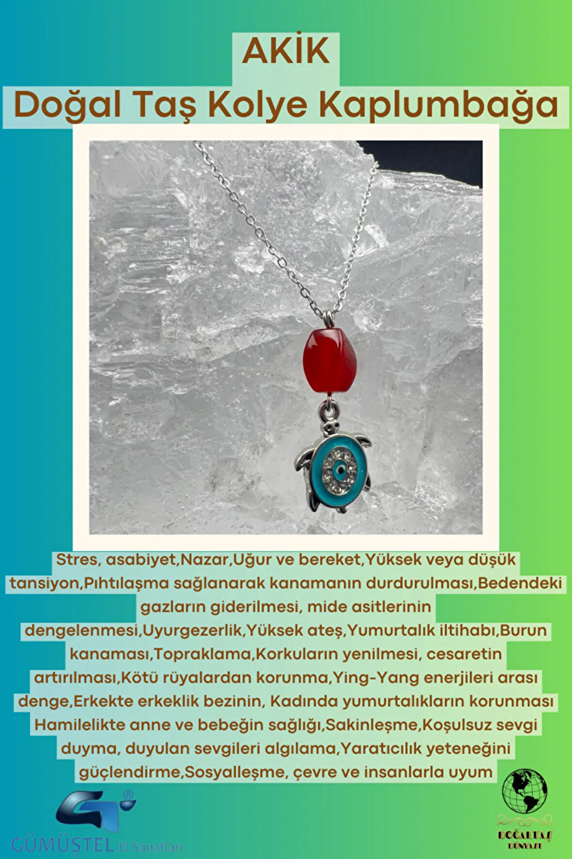 Sertifikalı Akik Doğal Taş Tasarım Kolye El Yapımı Turkuaz Kaplumbağa Obje Detaylı