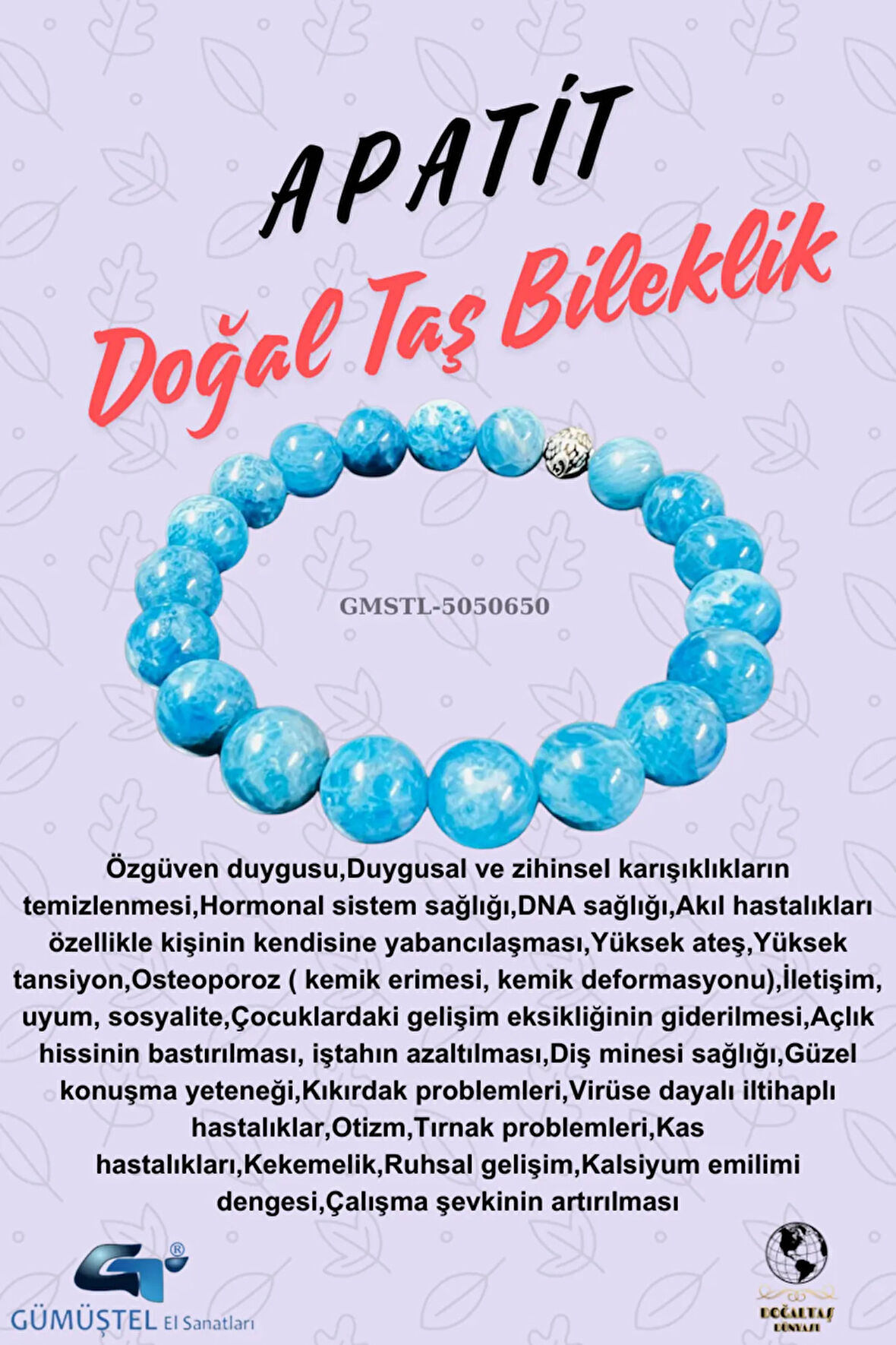 Sertifikalı Apatit Doğal Taş Bileklik AAA Kalite 10 mm Sürpriz Hediyeli