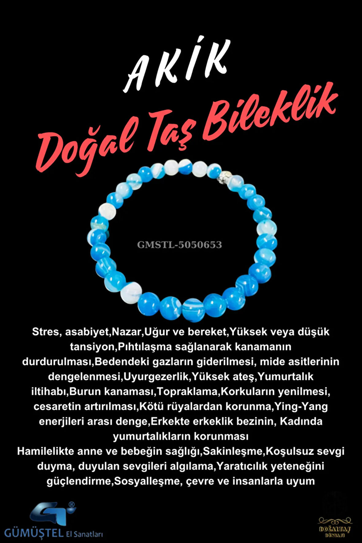 Sertifikalı Akik Doğal Taş Bileklik 6mm