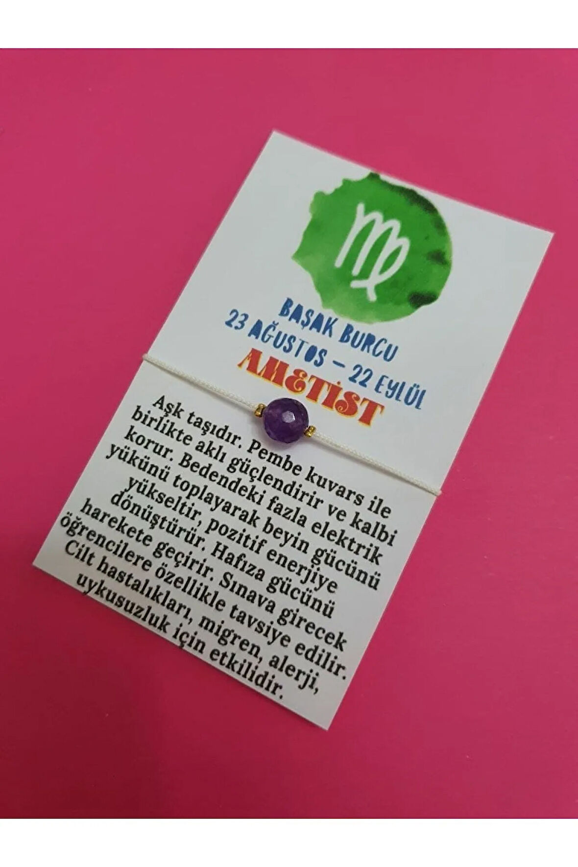 Başak Burcu Ametist Doğal Taş İp Burç Bilekliği