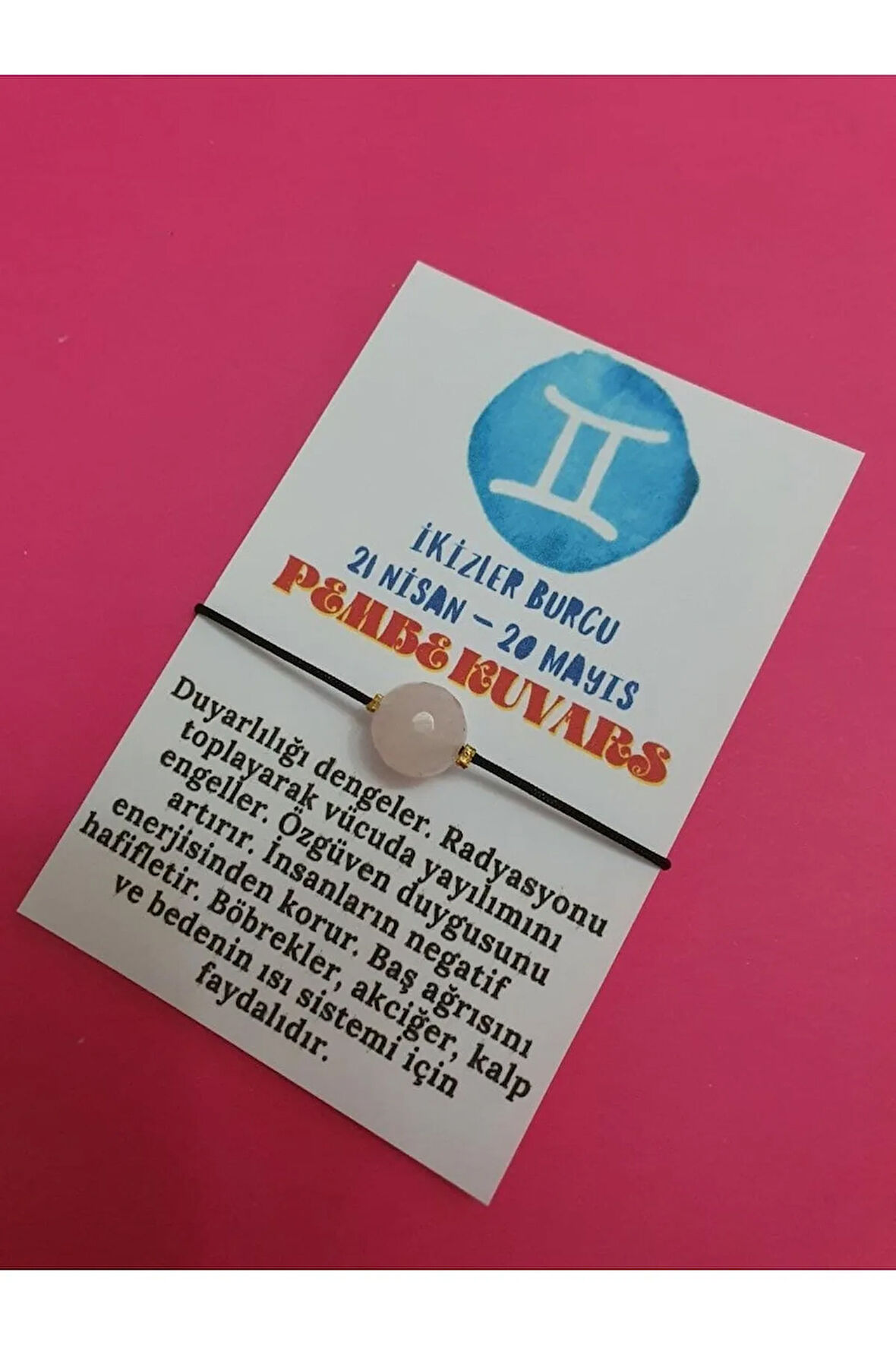 İkizler Burcu Pembe Kuvars Doğal Taş İp Burç Bilekliği