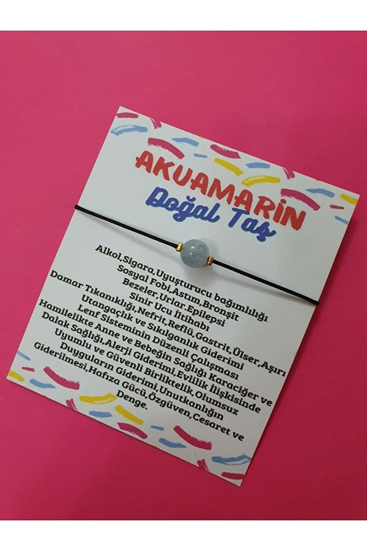 Akuamarin Doğal Taş Bileklik Makrome İpli Orijinal Doğal Taş 8mm