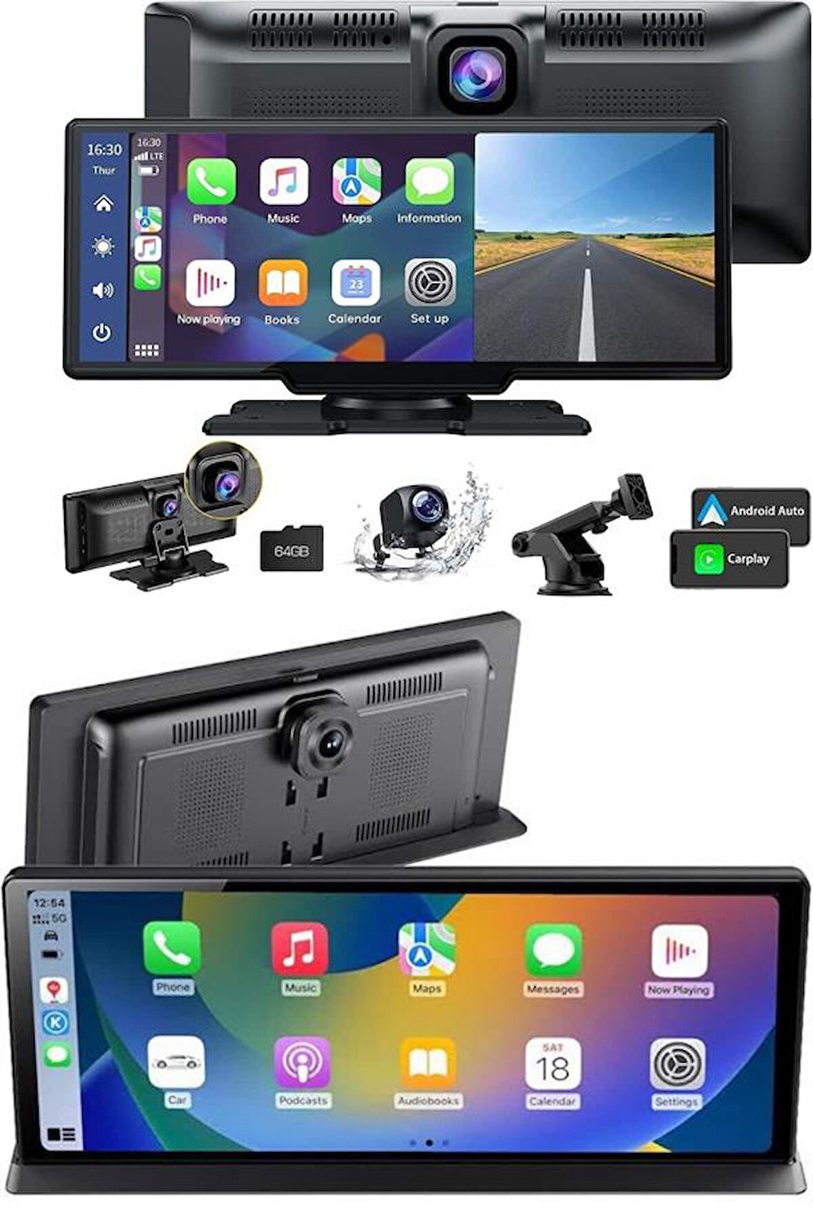 4K 10.2 İnç Çift Kameralı Araç Multimedya Ekranı CarPlay Kablosuz Tüm Cihazla