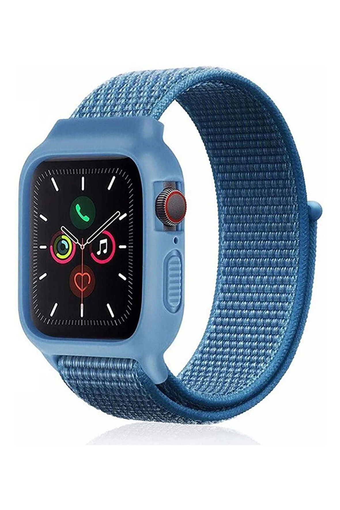 Apple Watch 38mm Hasırlı Cırtcırtlı Kasalı Kordon - Mavi-(5796)