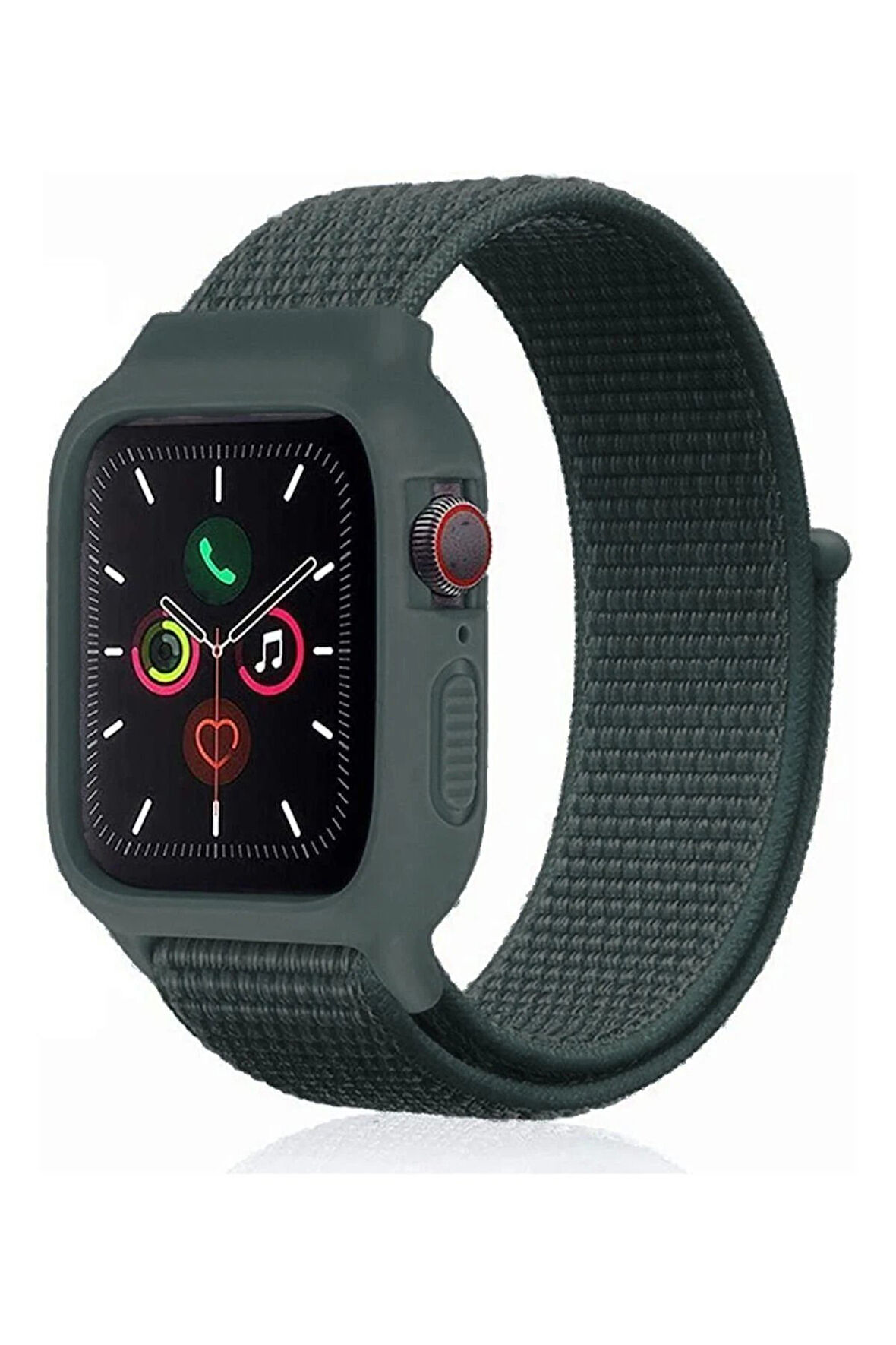 Apple Watch 42mm Hasırlı Cırtcırtlı Kasalı Kordon - Haki Yeşil-(5796)