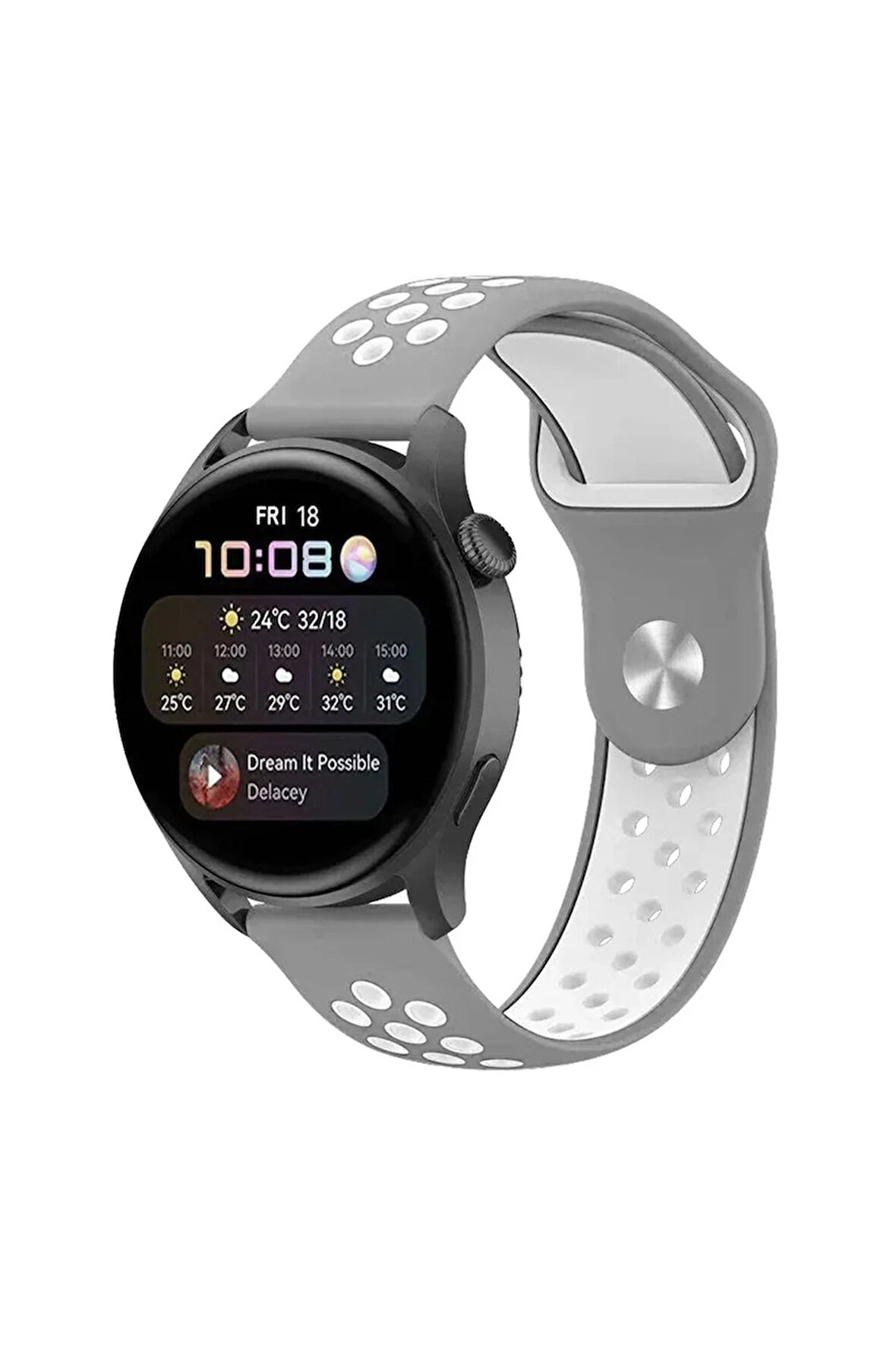 Watch 22mm Spor Delikli Kordon - Gri-Beyaz-(5796)