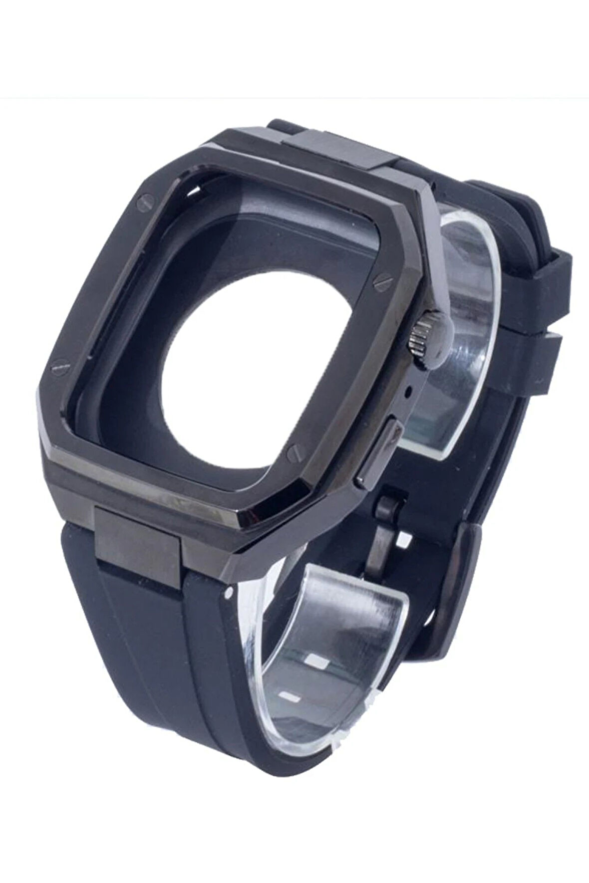 Apple Watch 45mm KR402 Metal Kasa Silikon Kordon - Siyah-(5796)