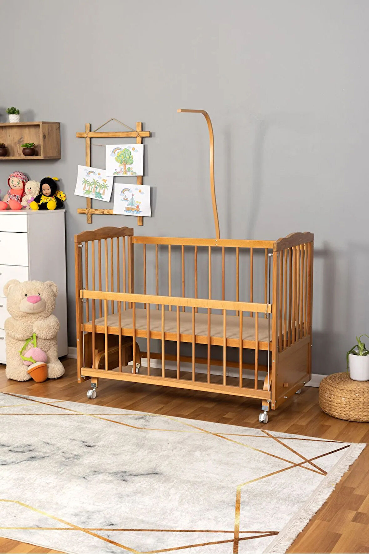 Ahşap Beşik Anne Yanı Beşik Doğal (VERNİKLİ) 60x120 - Uyku Setsiz Ve Yataksız Tekerlekli