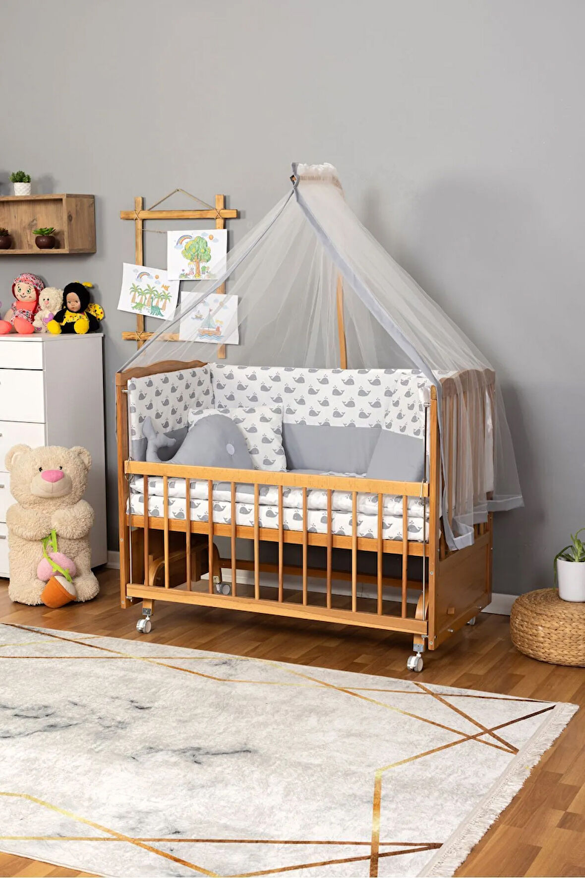Ahşap Beşik Anne Yanı Beşik Doğal(VERNİKLİ) 60x120 - Gri Balina Uyku Seti Yatak Tekerlekli