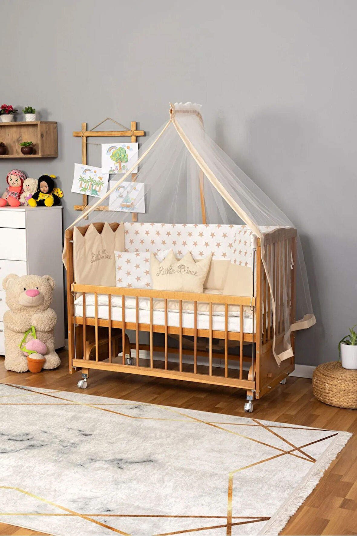 Ahşap Beşik Anne Yanı Beşik Doğal (VERNİKLİ) 60x120 Krem Prens Uyku Seti Yatak Tekerlekli