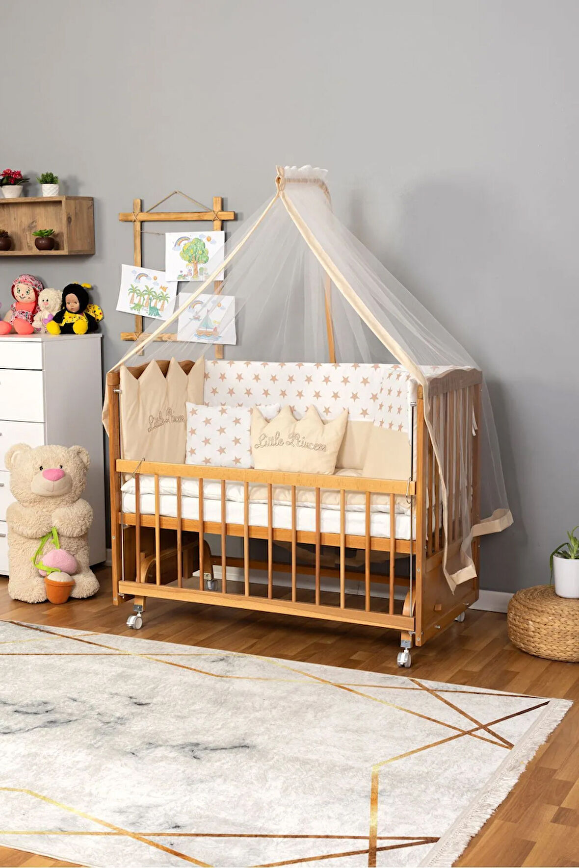 Ahşap Beşik Anne Yanı Beşik Doğal (VERNİKLİ) 60x120 Krem Prenses Uyku Seti Yatak Tekerlekli