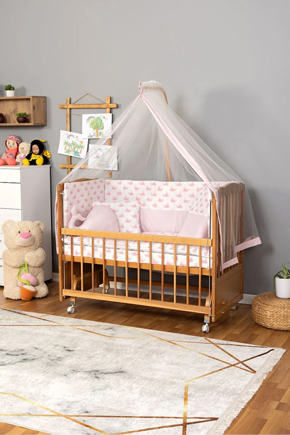 Ahşap Beşik Anne Yanı Beşik Doğal(VERNİKLİ) 60x120 - Pembe Balina Uyku Seti Yatak Tekerlekli