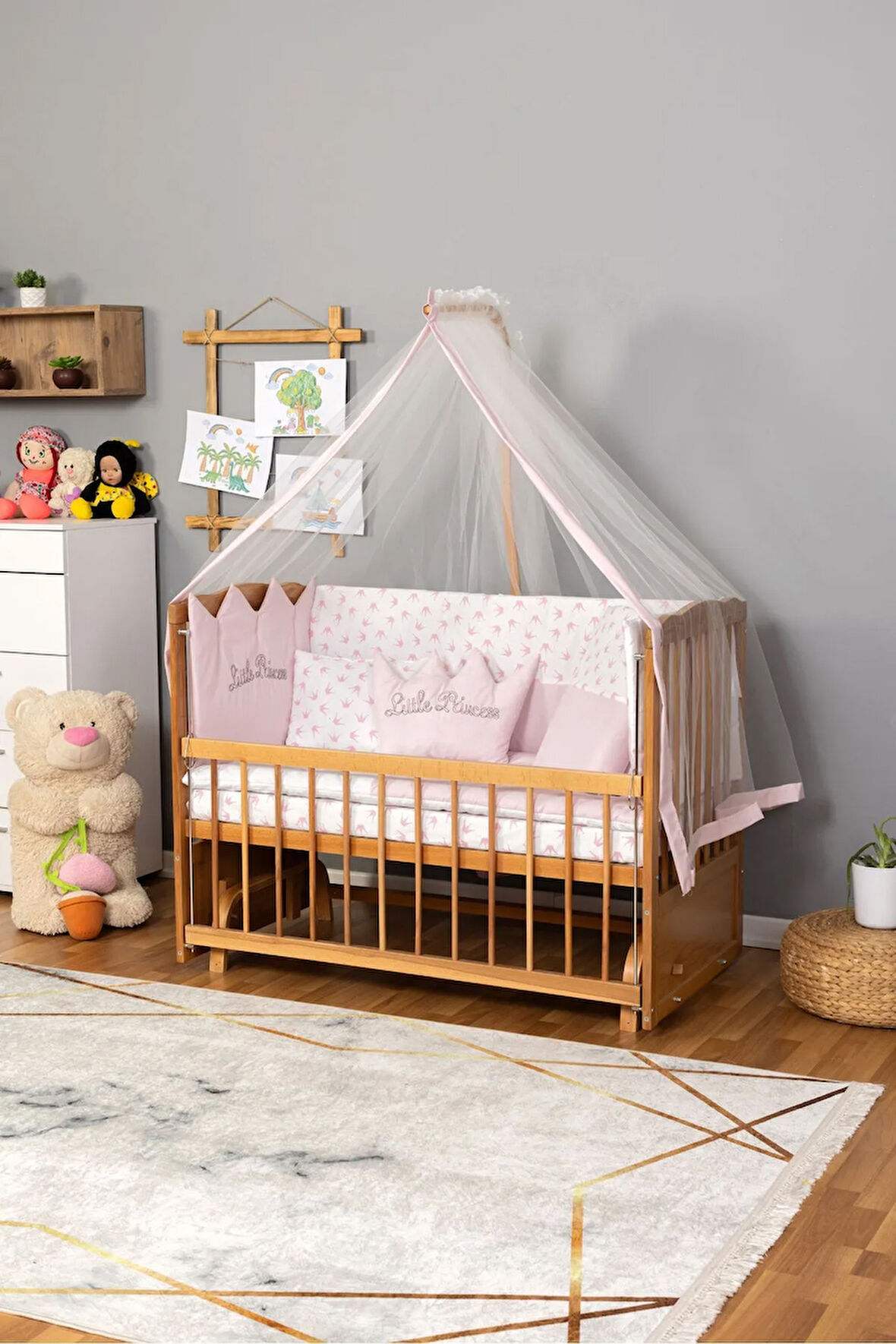 Ahşap Beşik Anne Yanı Beşik Doğal (VERNİKLİ) 60x120 - Pembe Prenses (KIZ) Uyku Seti Yatak