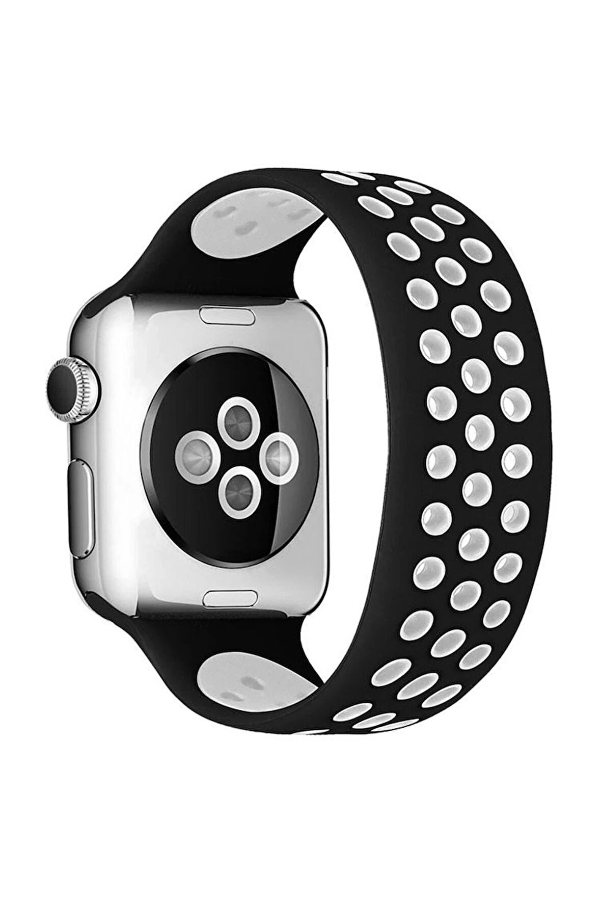 Apple Watch 38mm Ayarlı Delikli Silikon Kordon - Siyah-Beyaz-(5796)