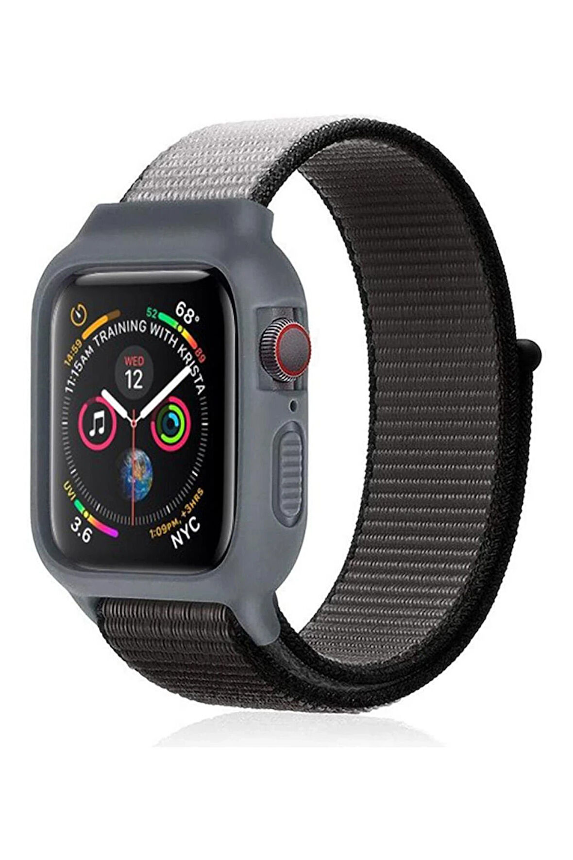 Apple Watch 38mm Hasırlı Cırtcırtlı Kasalı Kordon - Siyah-Gri-(5796)