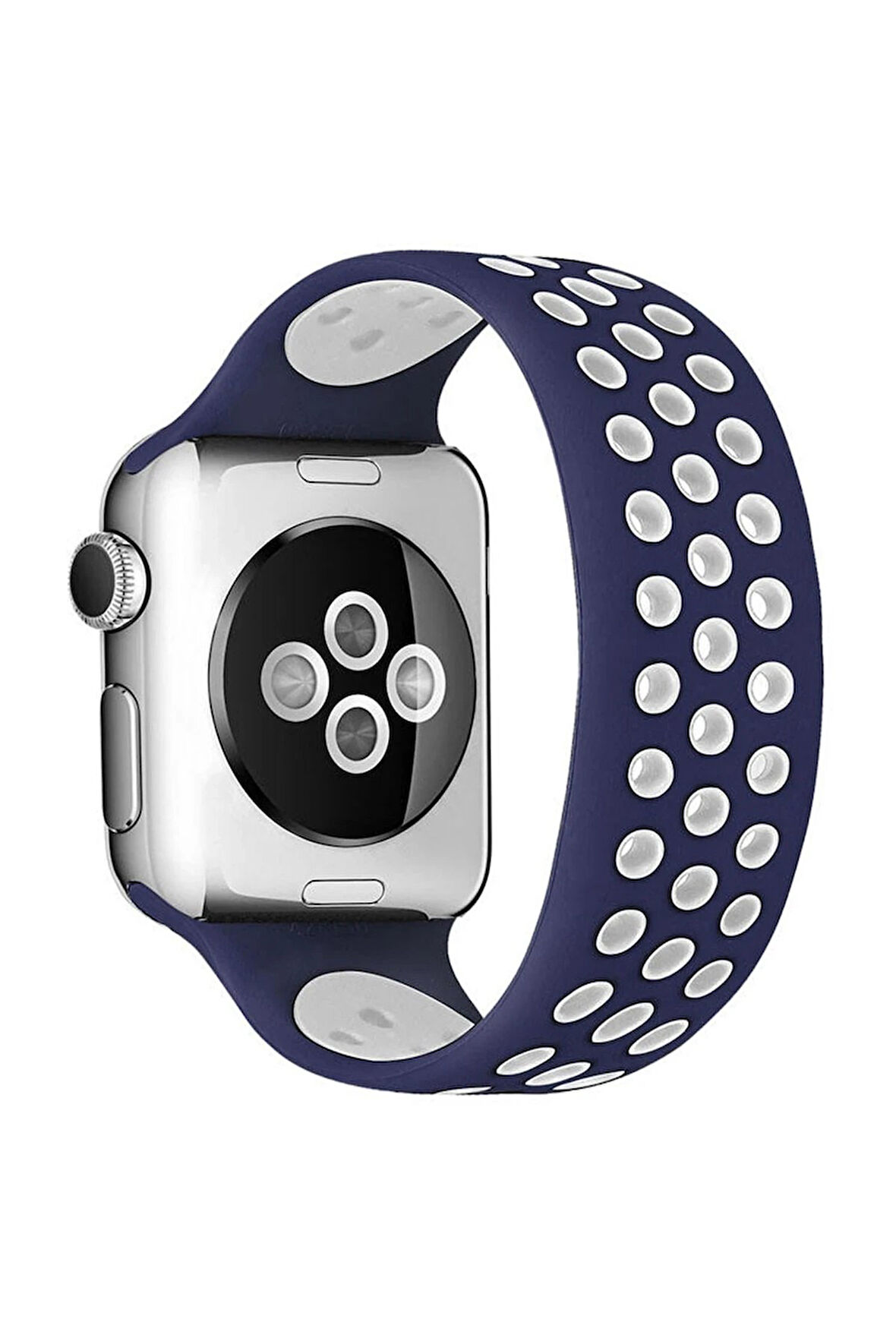 Apple Watch 38mm Ayarlı Delikli Silikon Kordon - Lacivert-Beyaz-(5796)