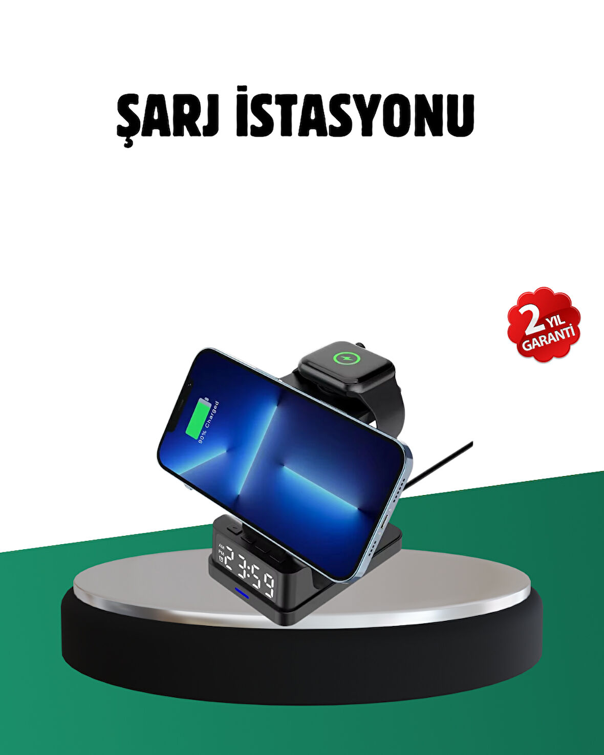 Kablosuz Şarjlı Dijital Masa Saati – 3 Parlaklık Seviyeli LED Hızlı Şarj App