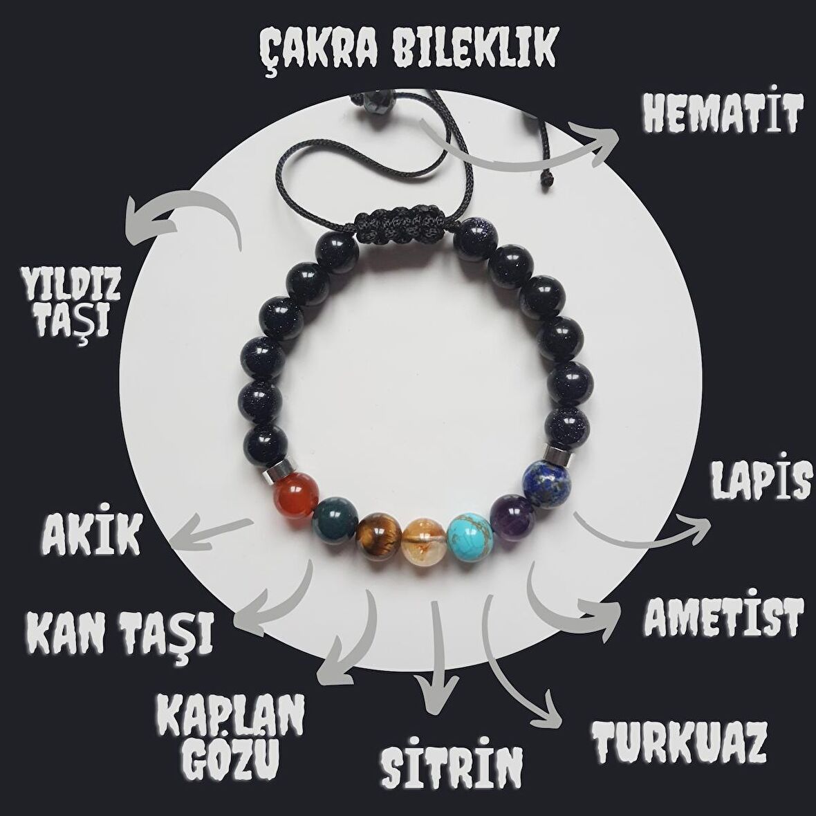 Artaril 9 Doğal Taş Çakra Bileklik Yıldız Taşı Akik Kantaşı Kaplangözü Sitrin Turkuaz Ametist Lapis