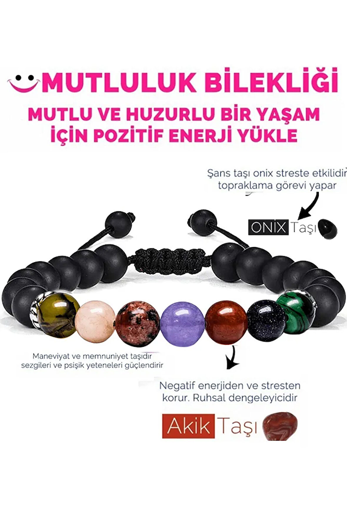 Sertifikalı Mutluluk Iç Huzur Bilekliği Akik Kalsit Mercan Kuvars Mavi Yıldız Malahit Oniks Doğal Taş Bileklik