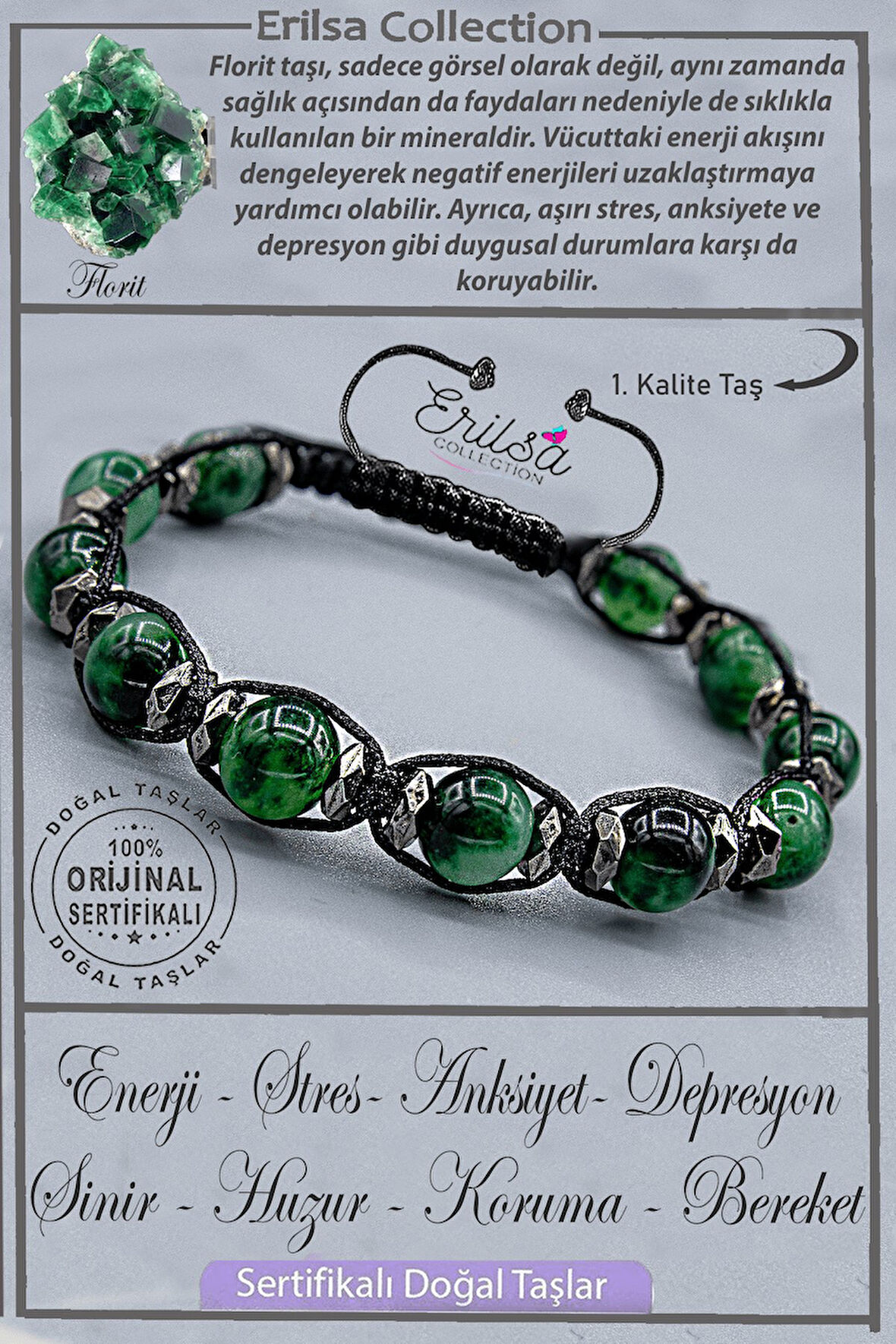 Sertifikalı Gerçek AAA+ Kalite Terahertz - Yeşil Florit Taşı Bileklik - Ayarlamalı