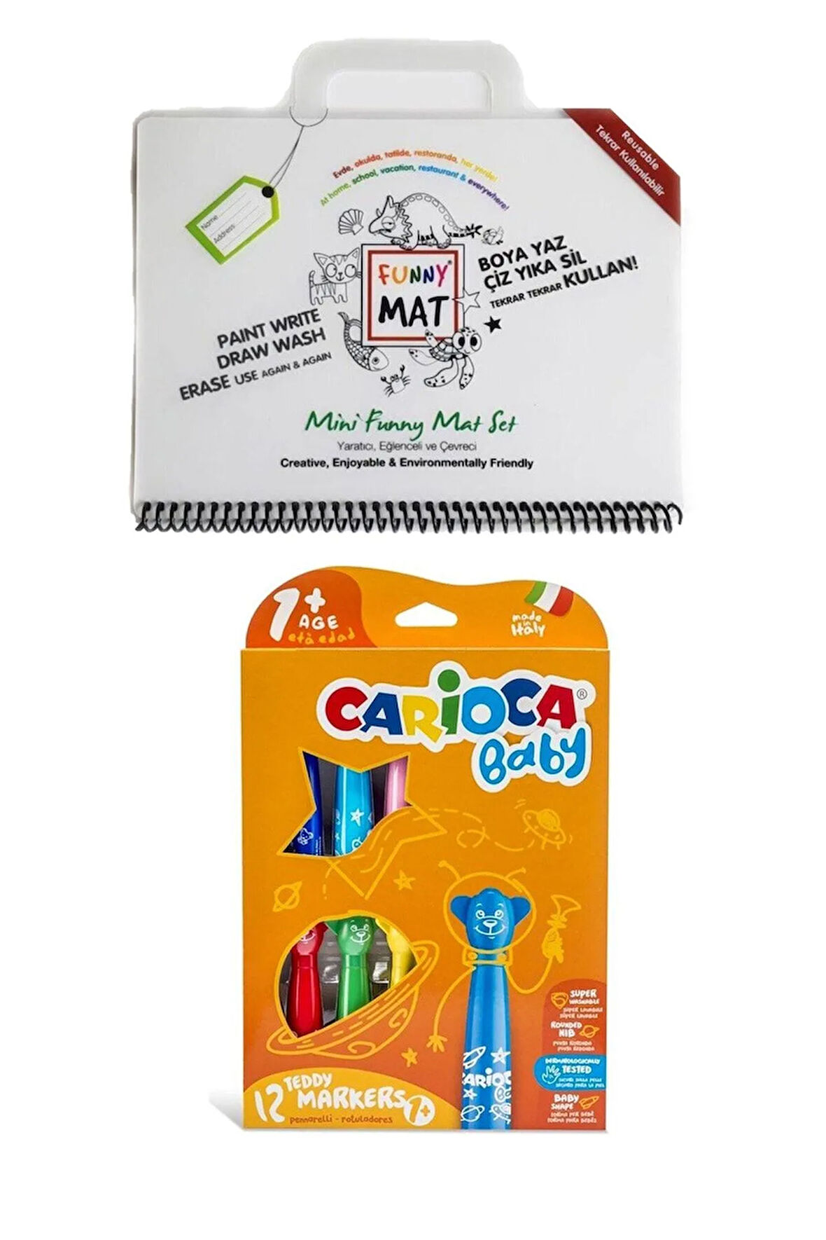 Akademi Çocuk Funny Mat Mini Ve Carioca Baby Teddy 12'li Keçeli Kalem (boya Ve Kolayca Sil) 2'li Set