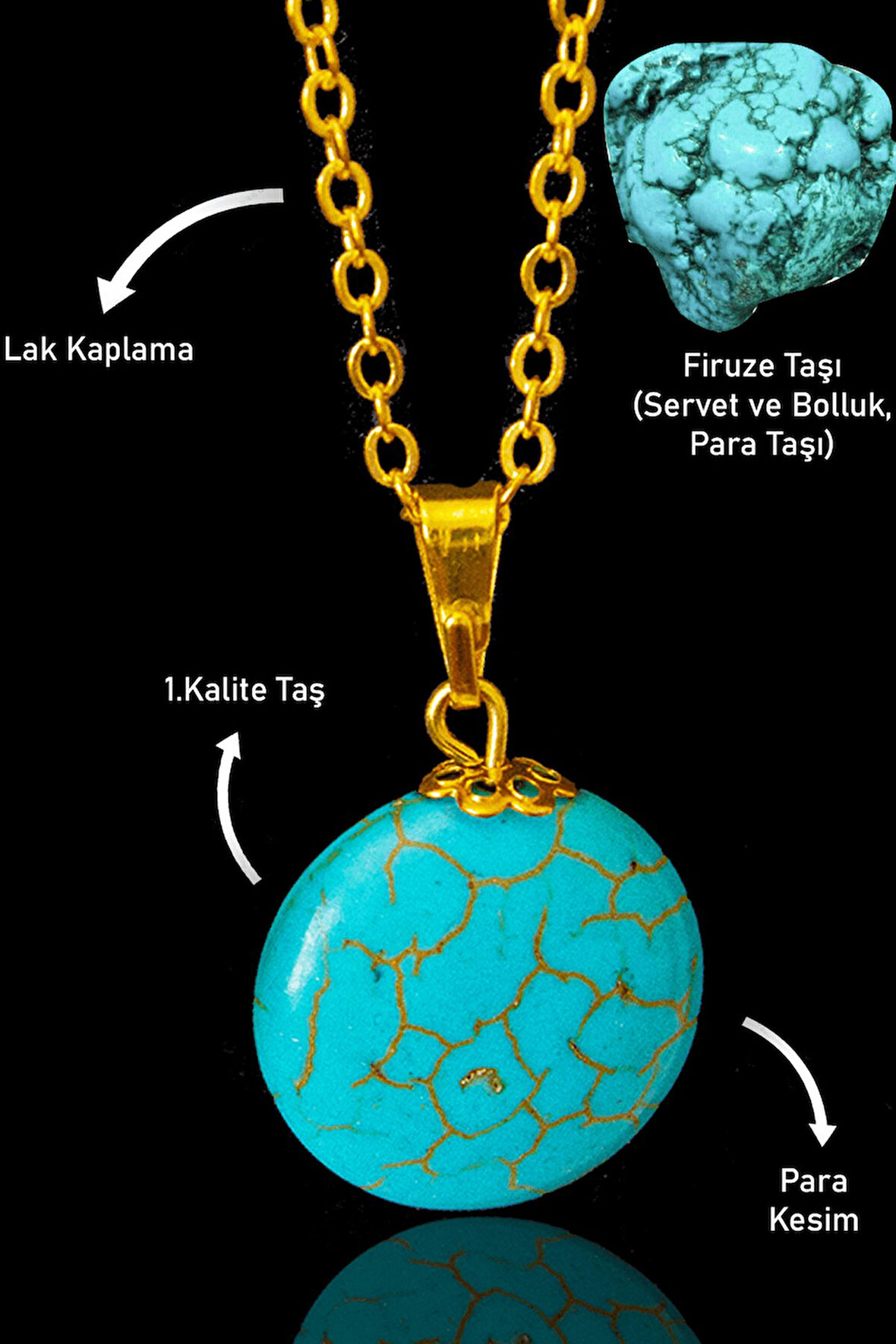 Sertifikalı 24k Altın Kaplama Para Model Firuze Taşı Kolye (Turkuaz Taşı)