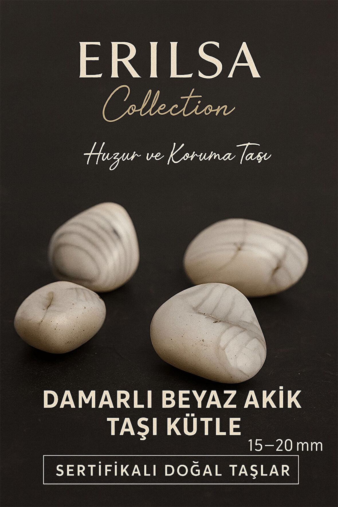 Sertifikalı Damarli Beyaz Akik Taşı Kütle 15–20 mm – Cüzdan Boy El Taşı Huzur ve Koruma
