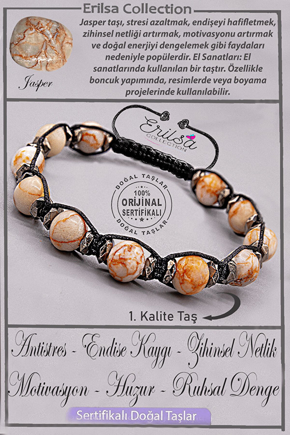 Sertifikalı Gerçek AAA+ Kalite Terahertz - Kırmızı Çizgili Jasper Taşı Bileklik