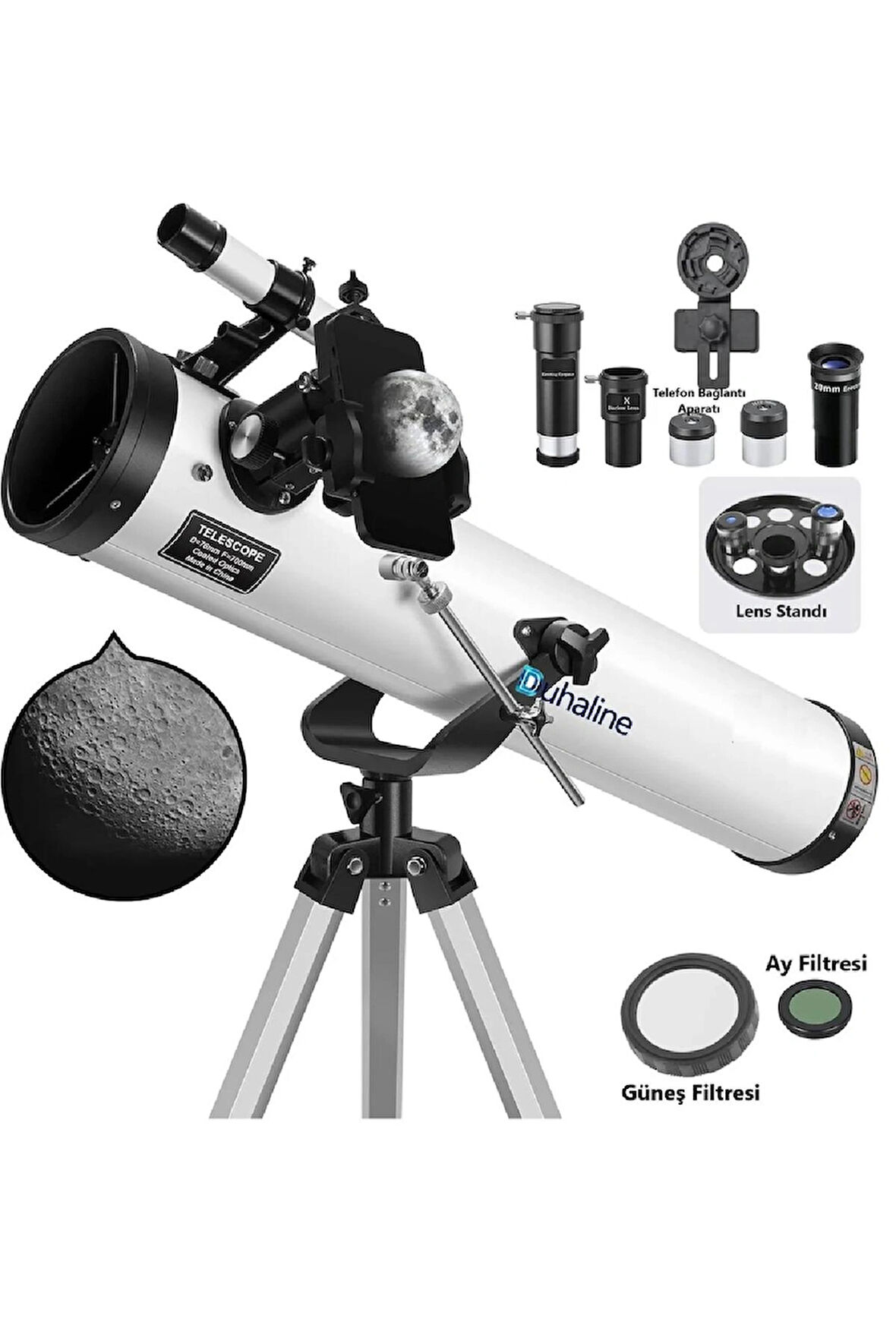 Reflektör Teleskop 76mm Diyafram 700mm Odak 35X-875X Zoom Ay & Güneş Filtresi+Telefon Tutucu+Tripod