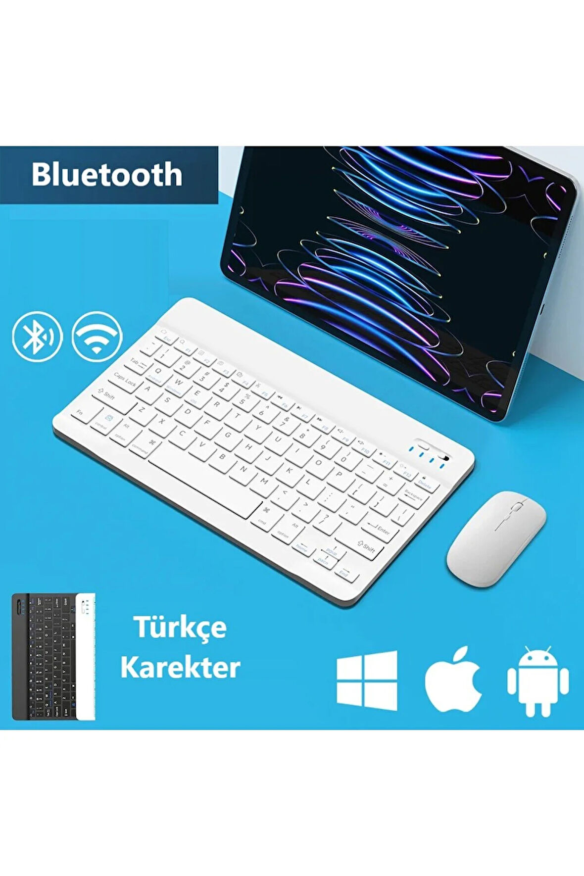 T C L TAB 10L Gen 4 10.1" Tablet için Uyumlu Slim Şarjlı Türkçe Bluetooth Klavye / Mouse Seti